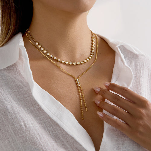 Stainless steel electroplated 18K white rhinestone sweater chain Y-shaped chain