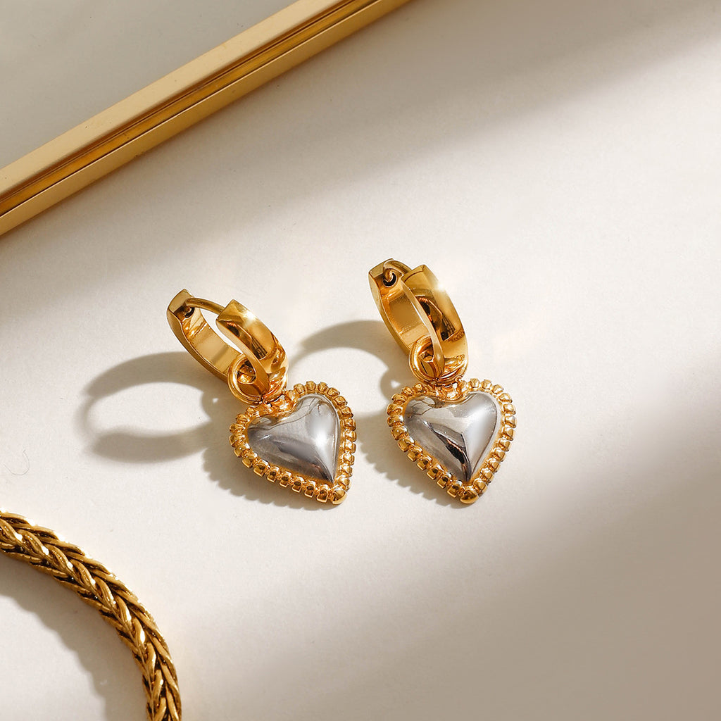 Stainless steel gold and silver color-matched heart-shaped pendant earrings