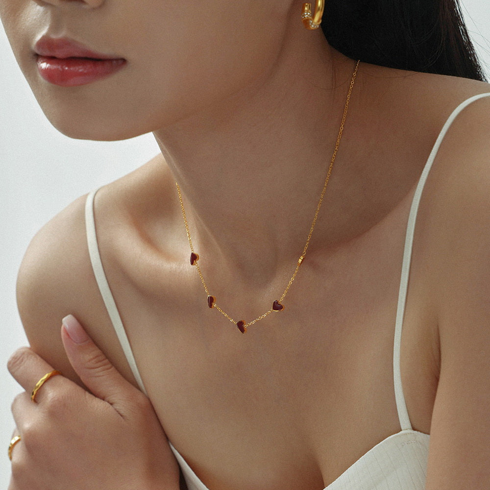 Stainless steel gold-plated wine red enamel oil dripping heart necklace collarbone chain