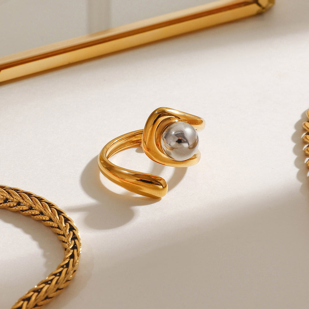 Stainless steel, gold and silver color-matched steel ball asymmetrical opening ring