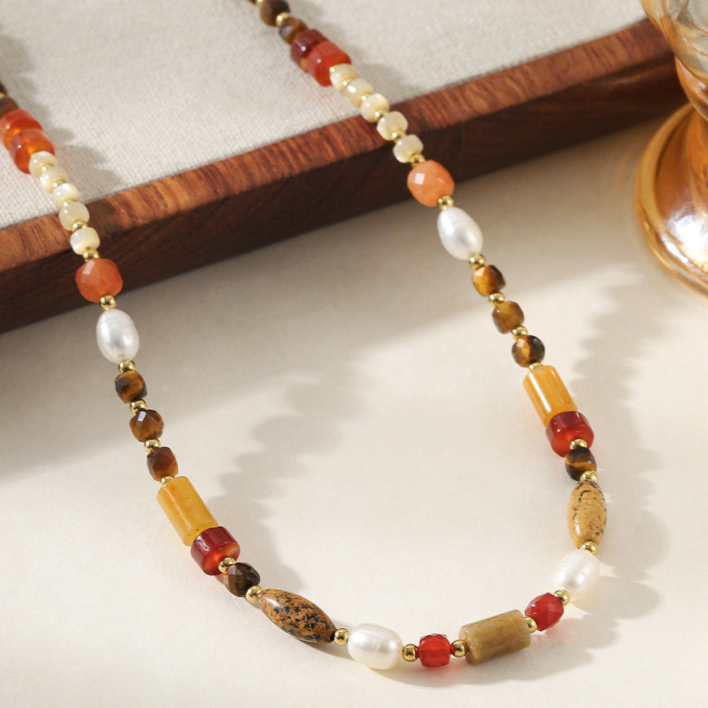 Tiger's eye red agate natural stone handcrafted beaded necklace