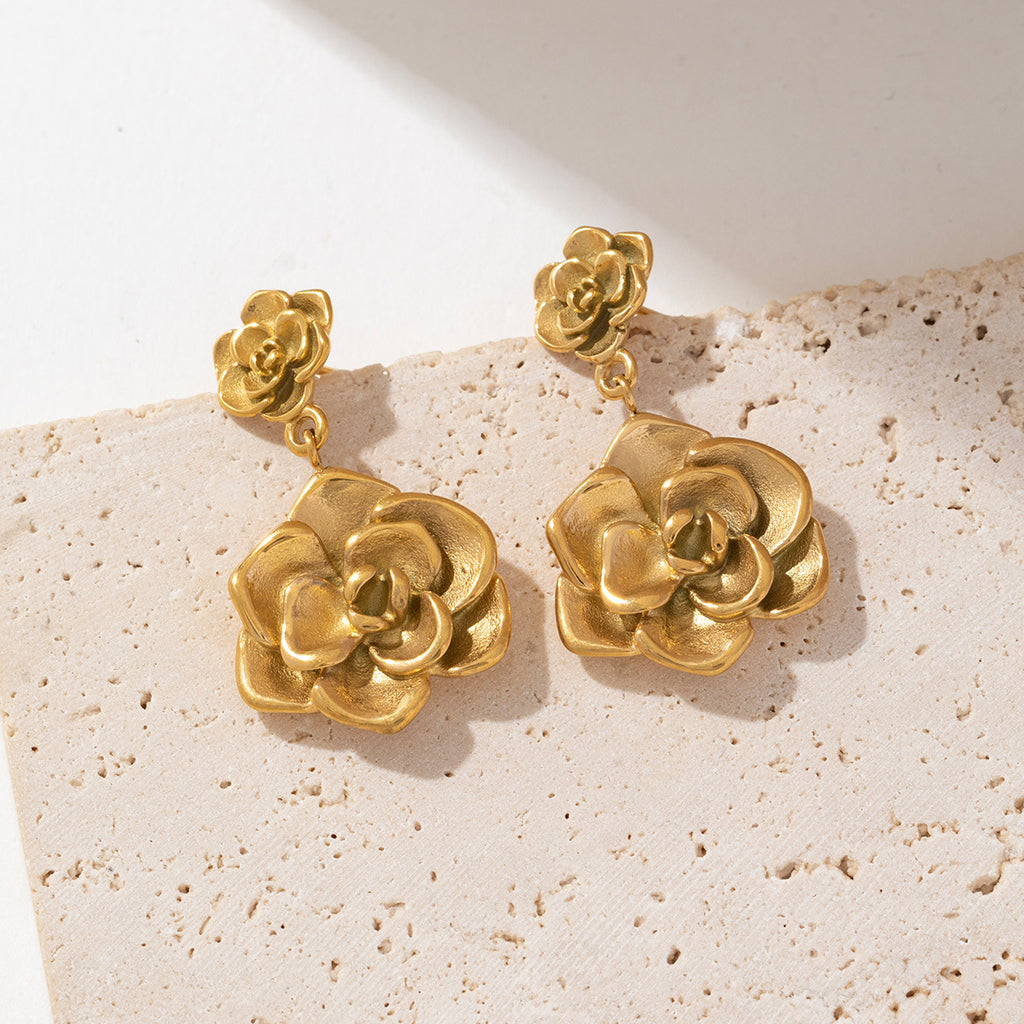 18K gold stainless steel rose pendant earrings