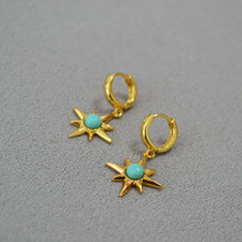 Load image into Gallery viewer, Octagonal star inlaid with turquoise and gilded brass ear buckles