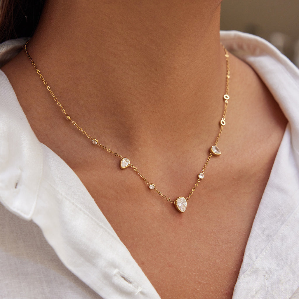Stainless steel electroplated 18K gold white teardrop zircon necklace