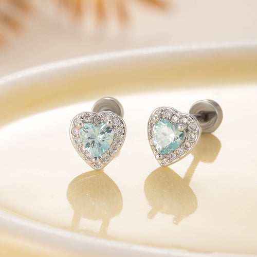 Stainless steel navy blue heart-shaped zircon stud earrings, double-ended screw stud earrings