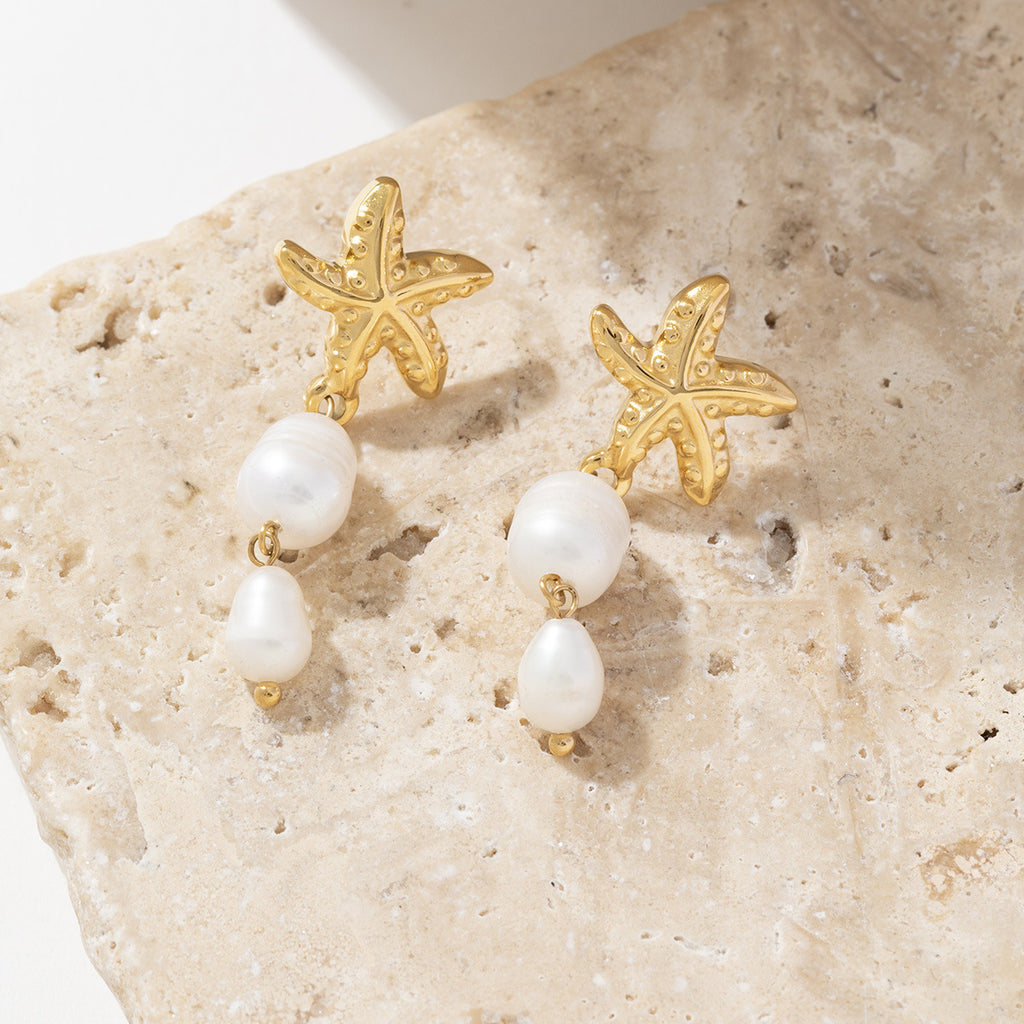 Golden stainless steel starfish pearl tassel pendant earrings