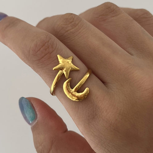 Stainless steel electroplated 18K star and moon adjustable open ring