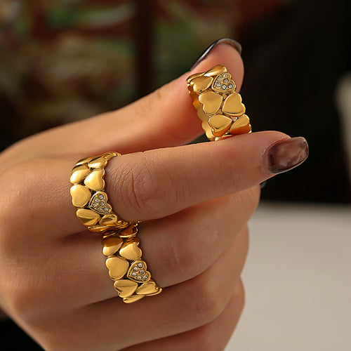 18K real gold stainless steel diamond-encrusted double-layered heart-shaped ring