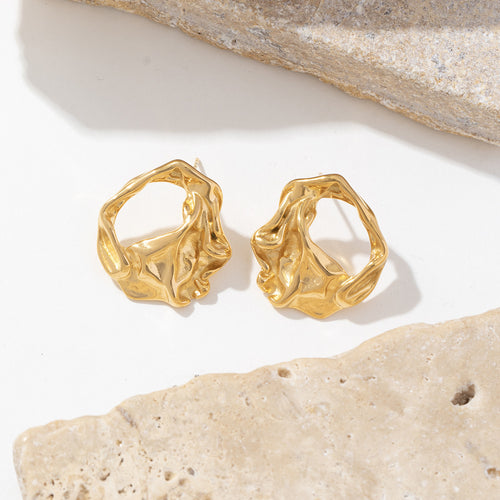 18K gold stainless steel hollowed-out embossed pleated earrings