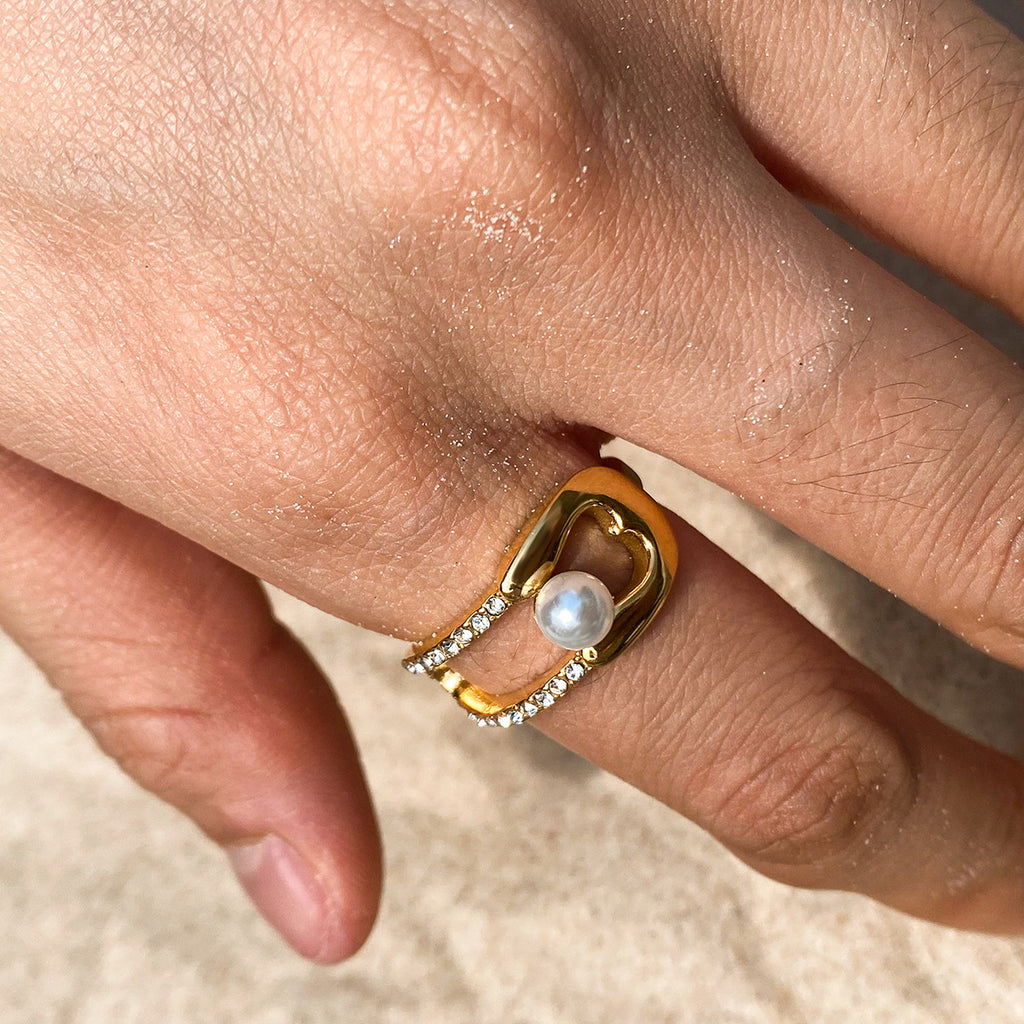 18K gold stainless steel pearl diamond-encrusted ring