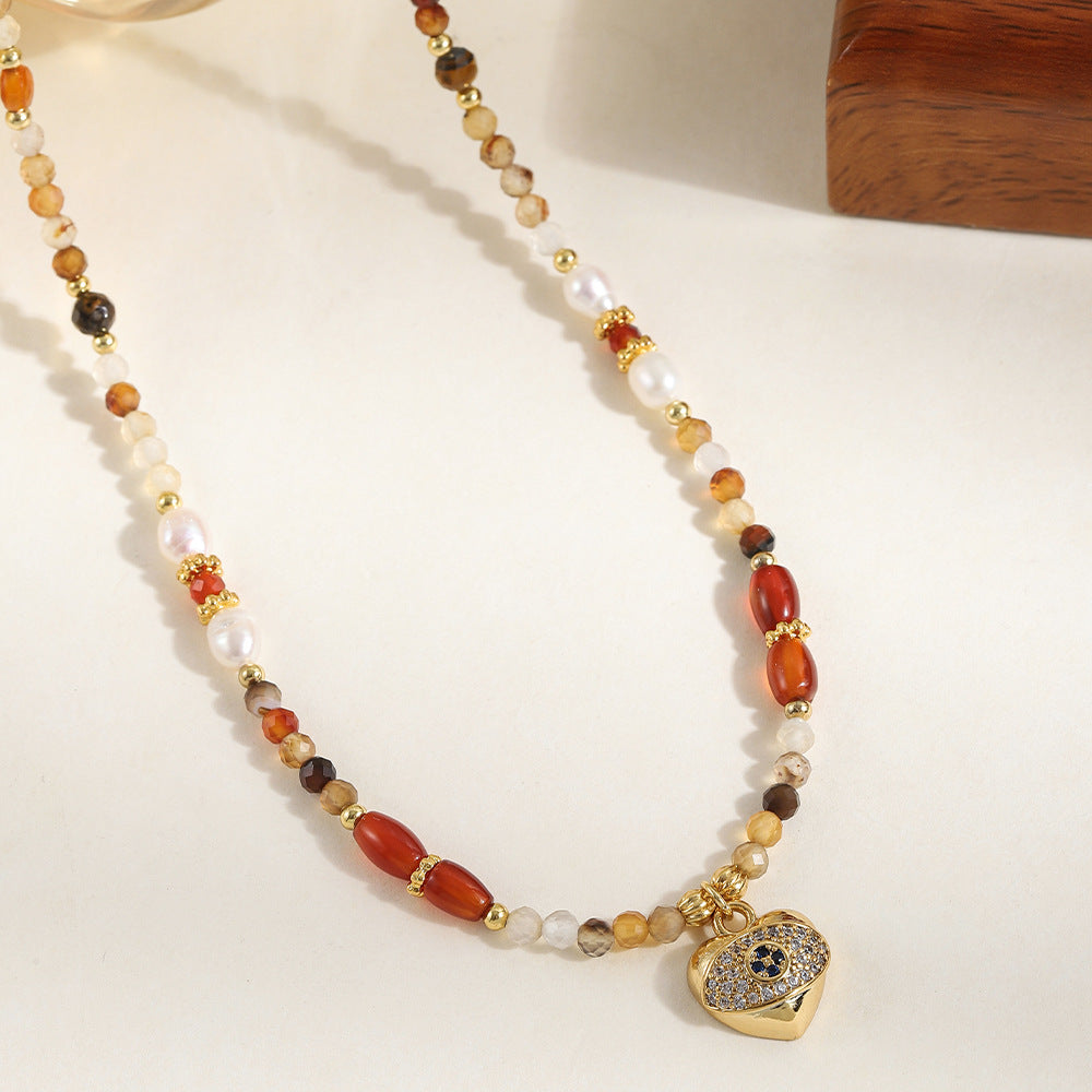 Colored natural stone beaded heart-shaped pendant necklace