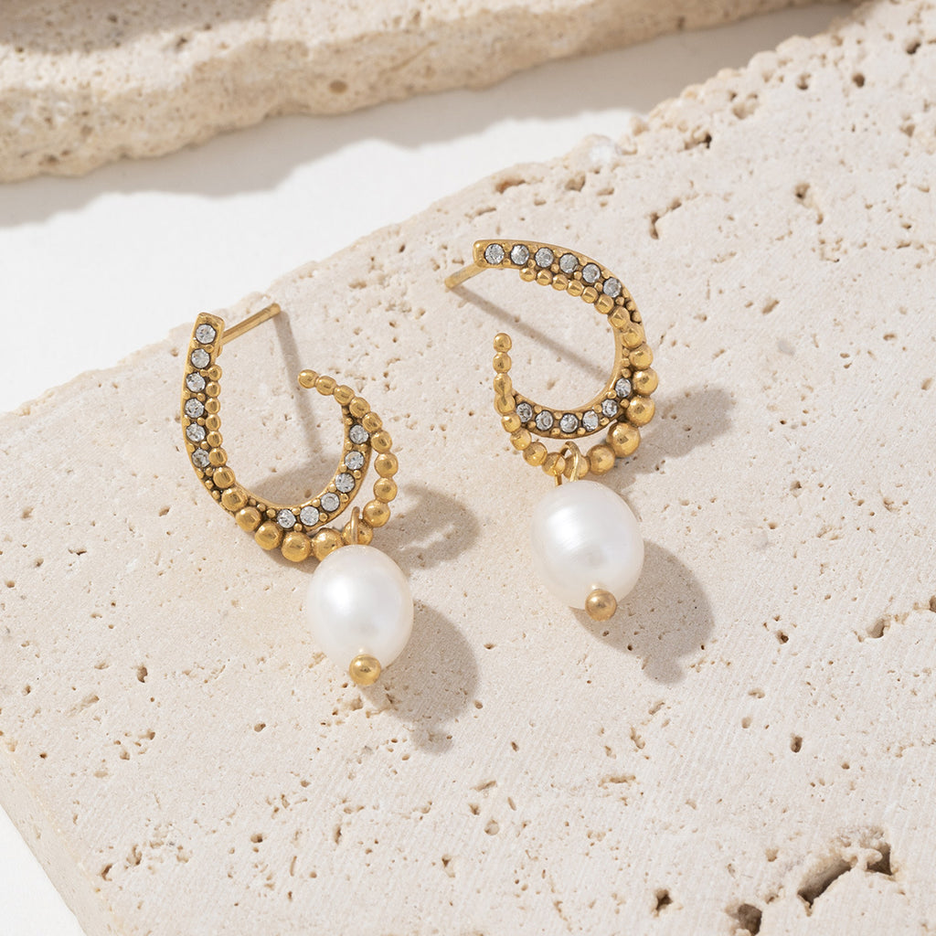 Golden stainless steel pearl pendant earrings