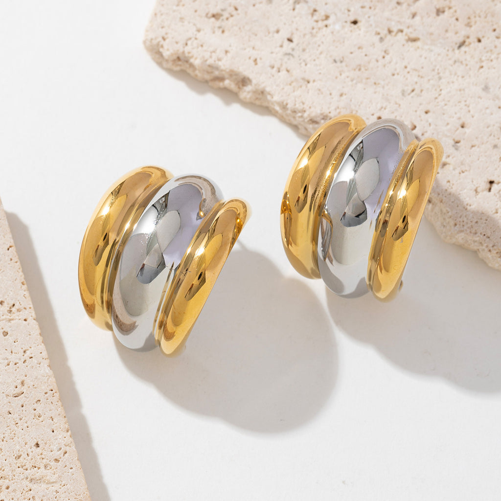 Stainless steel, gold and silver bicolored C-shaped smooth earrings