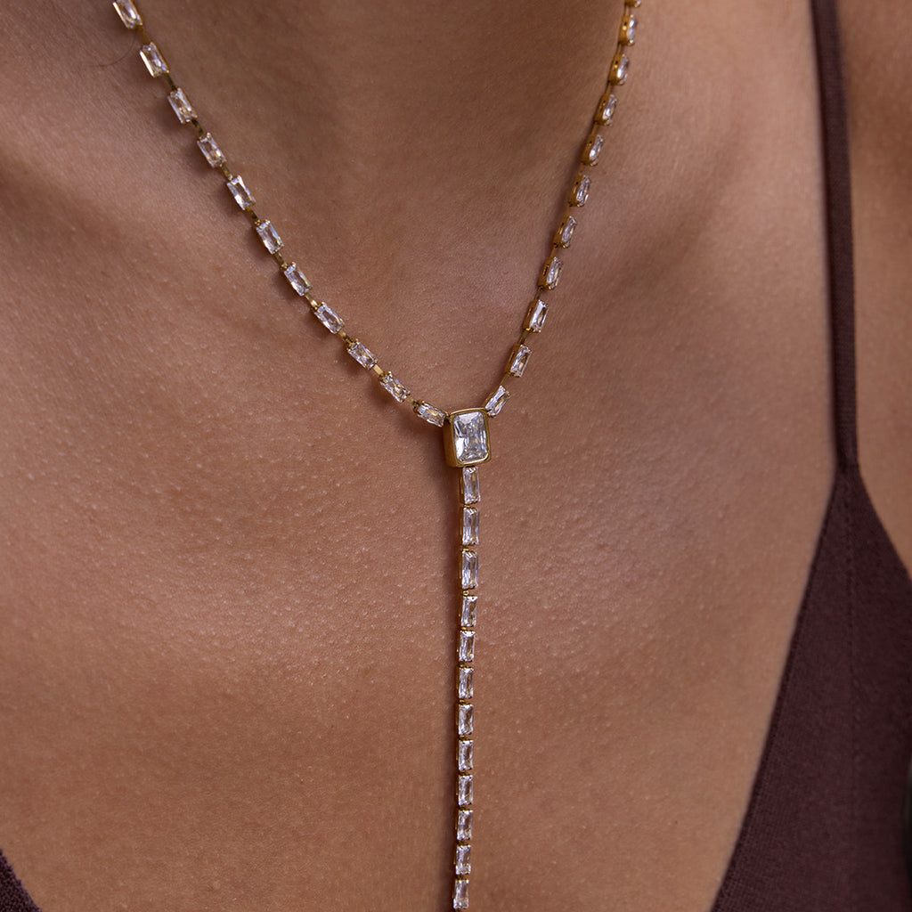 Golden stainless steel zircon Y-shaped autumn and winter long necklace