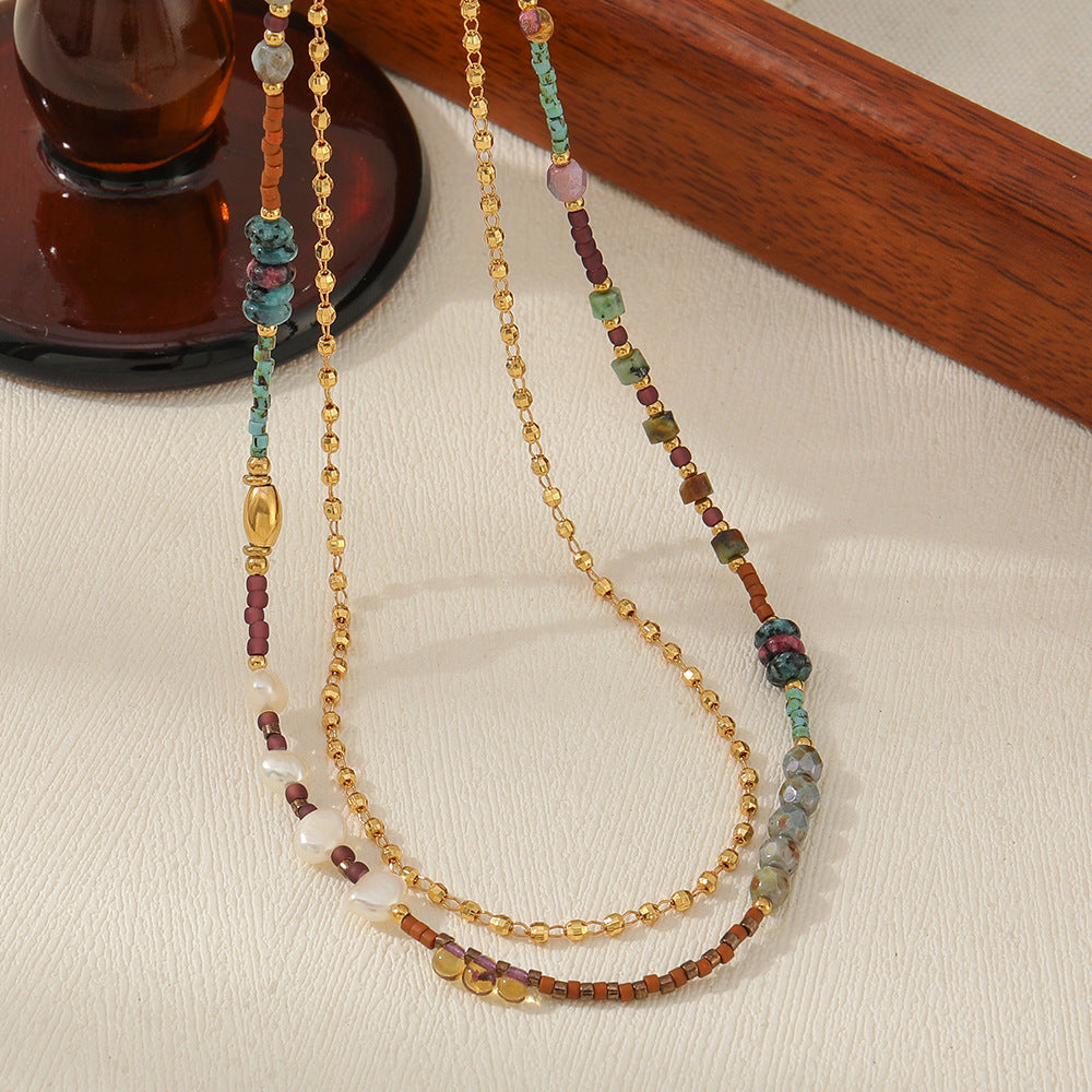 Colored natural stone freshwater pearl string necklace