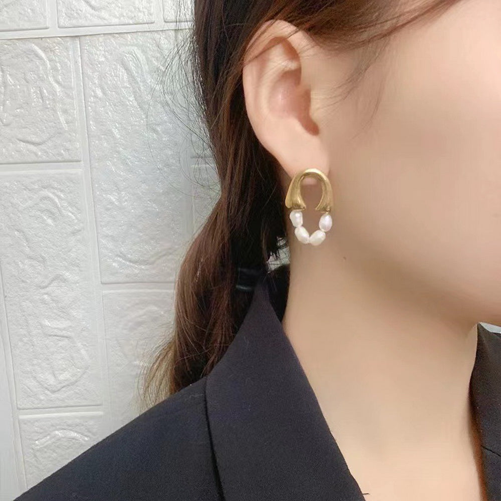 Golden stainless steel freshwater pearl earrings