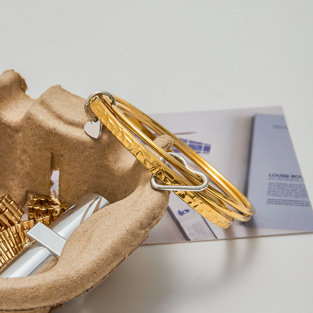18K gold stainless steel gold and silver color-matched hammer-patterned heart-shaped clasp bracelet