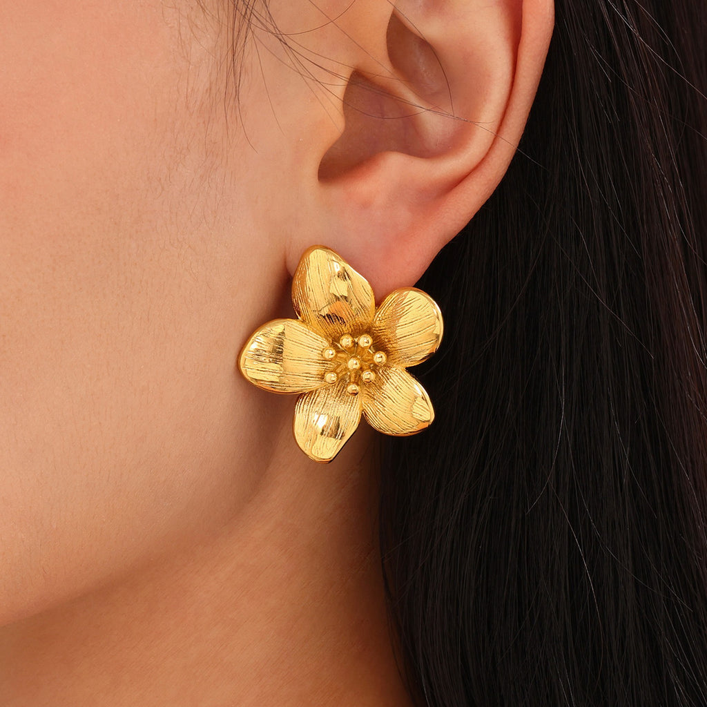 Golden stainless steel camellia earrings