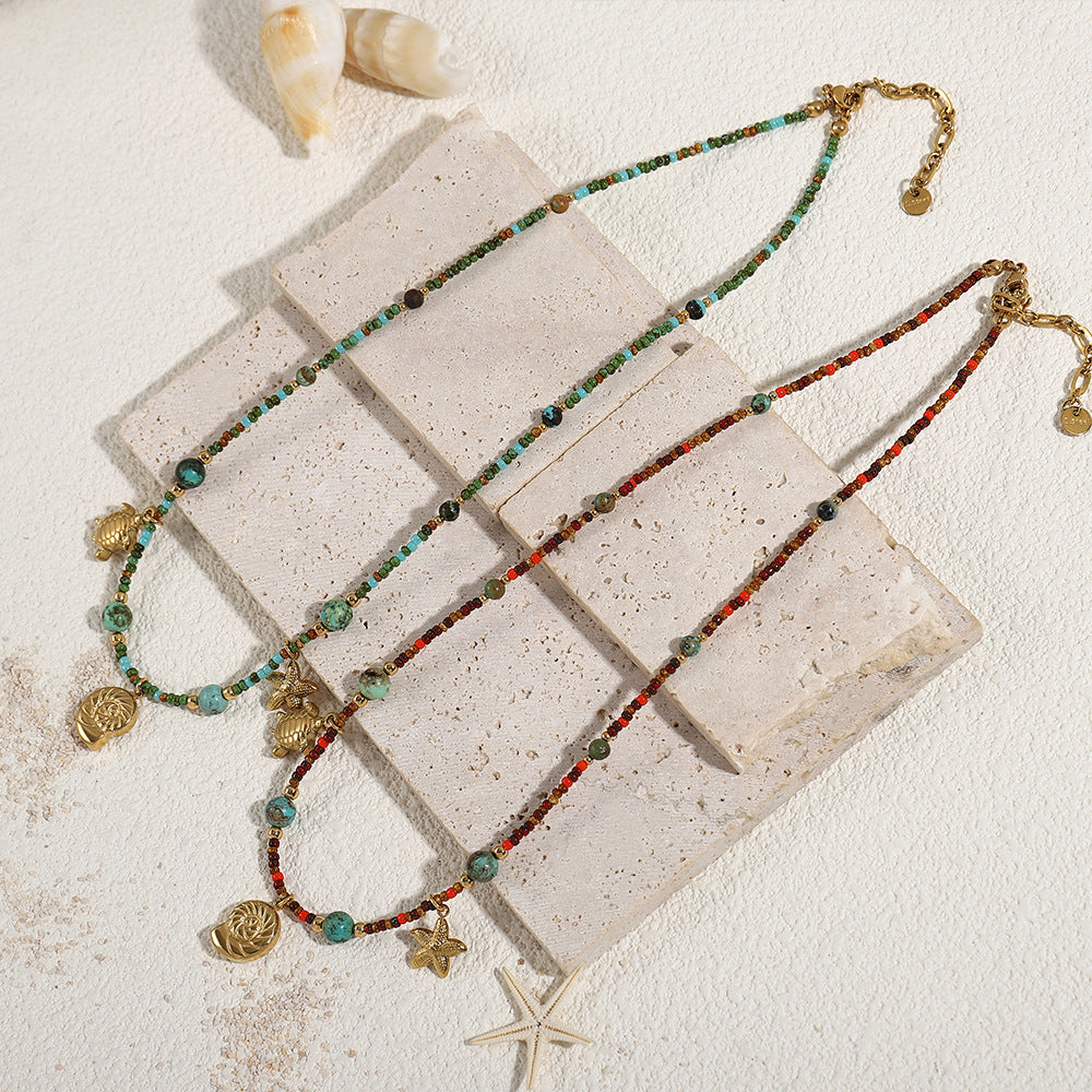 Natural green turquoise starfish beaded necklace