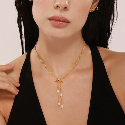 Copper rice bead chain bow freshwater pearl tassel pendant necklace
