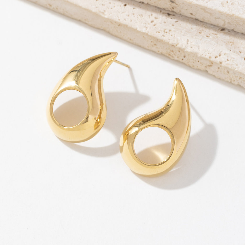 Golden stainless steel perforated teardrop earrings