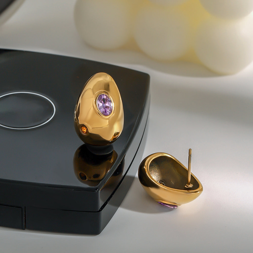 Stainless steel bean ear studs with zirconium inlaid