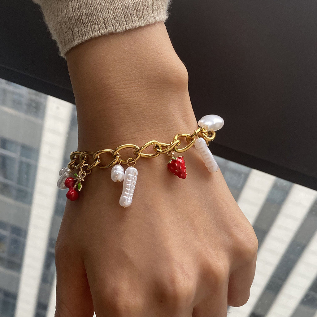 Imitation pearl cherry watermelon pendant stainless steel bracelet
