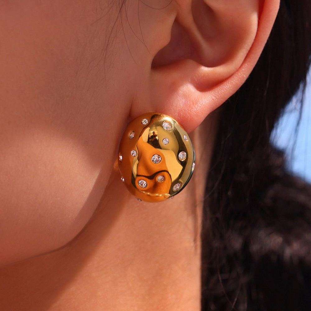 Stainless steel oval earrings with zircon smooth surface