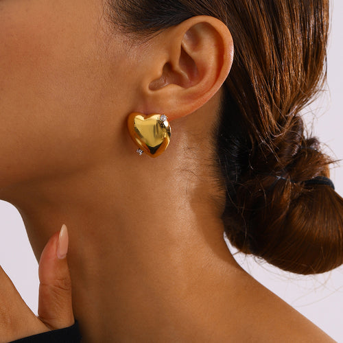 Stainless steel 18K gold heart-shaped smooth diamond-encrusted earrings