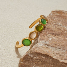 Load image into Gallery viewer, 18K gold stainless steel green and white cat&#39;s eye open bracelet