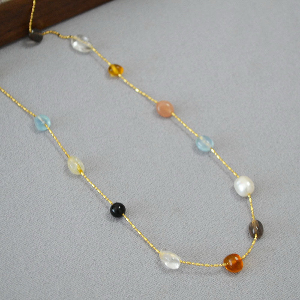 Irregular crystal stone pearl beaded necklace