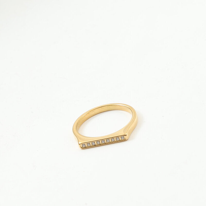 A golden stainless steel D-shaped ring set with fine diamonds