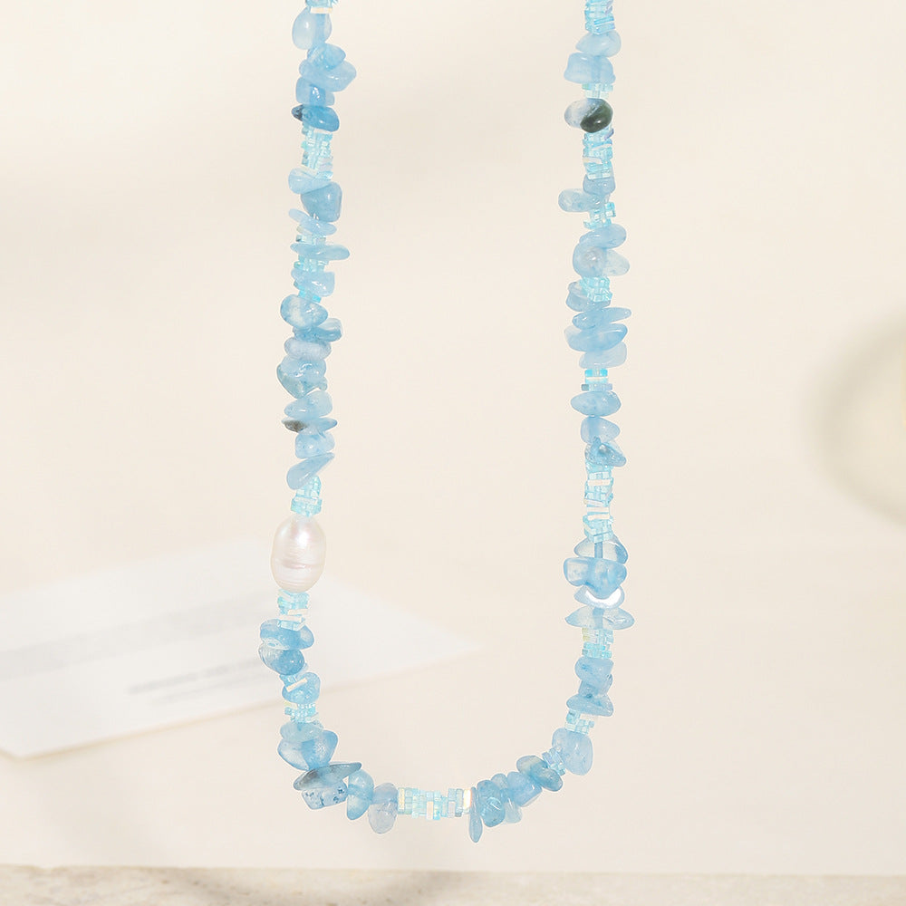 Irregular aquamarine natural stone pearl handcrafted beaded necklace