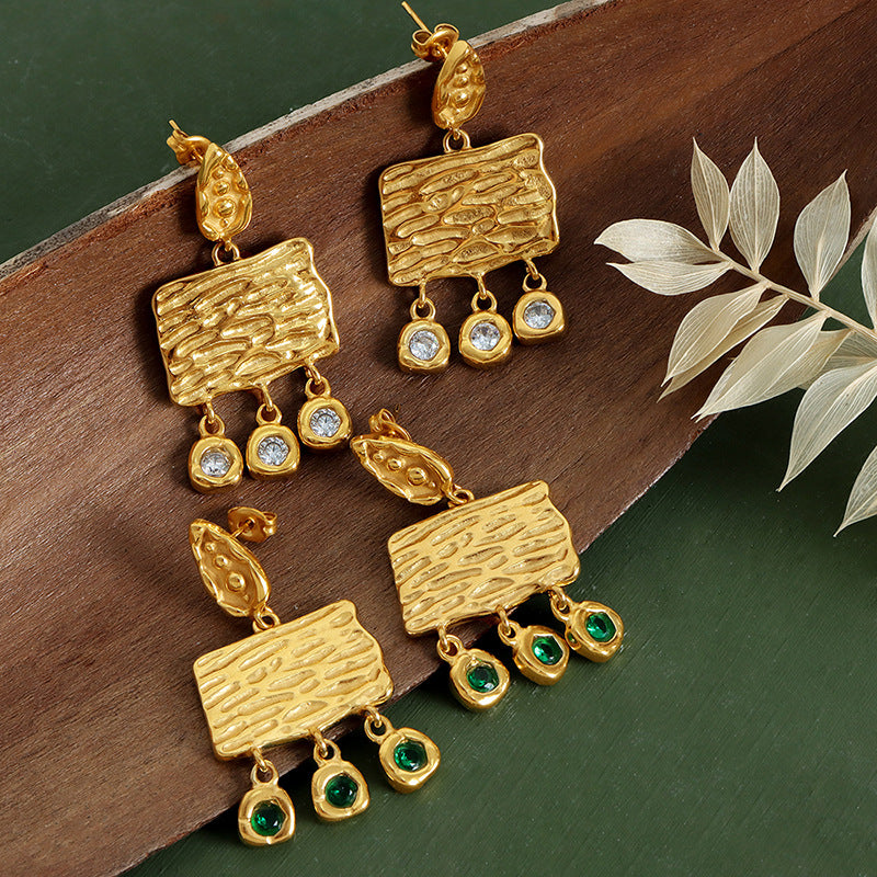 Stainless steel square irregular concave and convex textured zirconium-encrusted earrings