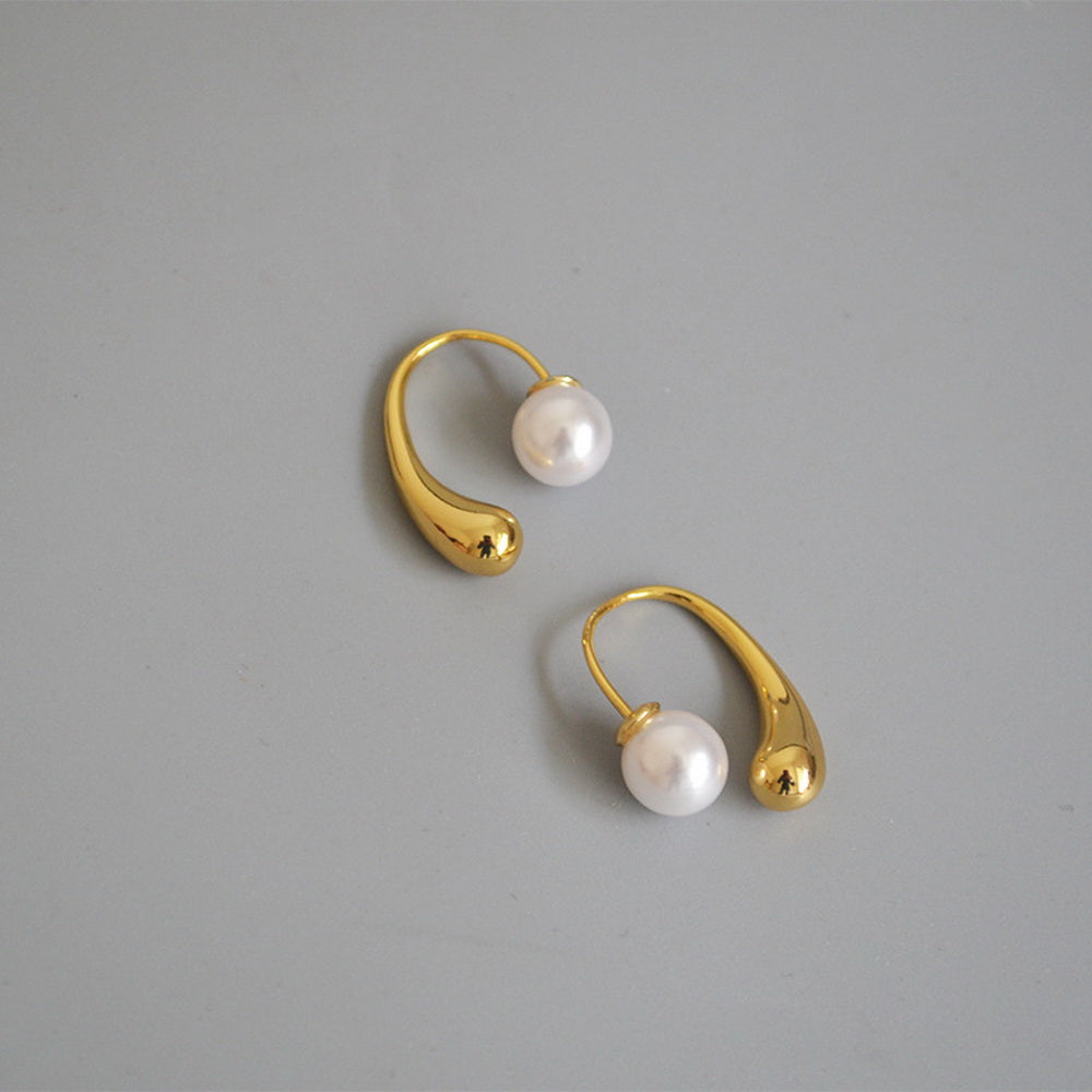Brass gold-plated small water droplet imitation pearl detachable ear hook earrings