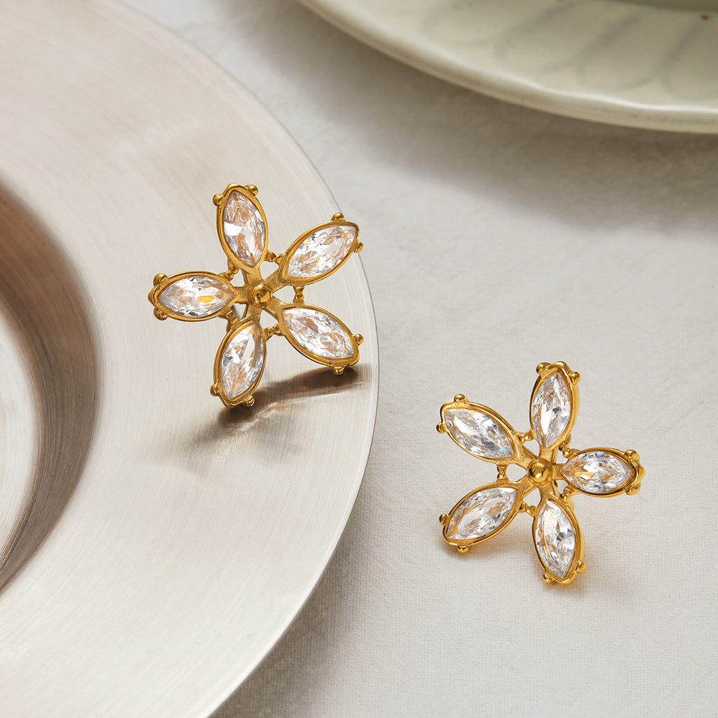 18K gold stainless steel white zircon flower earrings