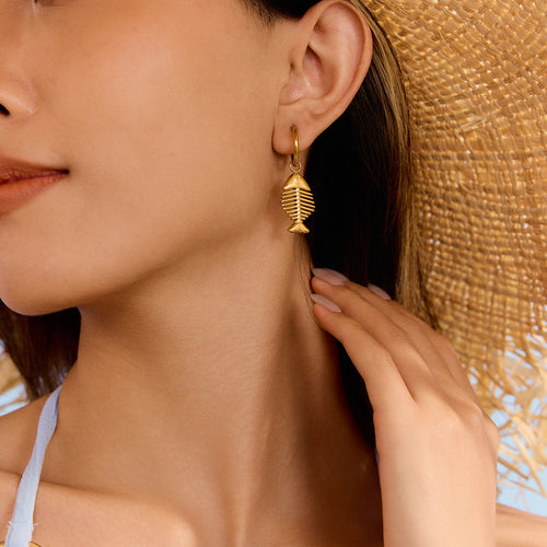 Golden stainless steel fishbone pendant earrings
