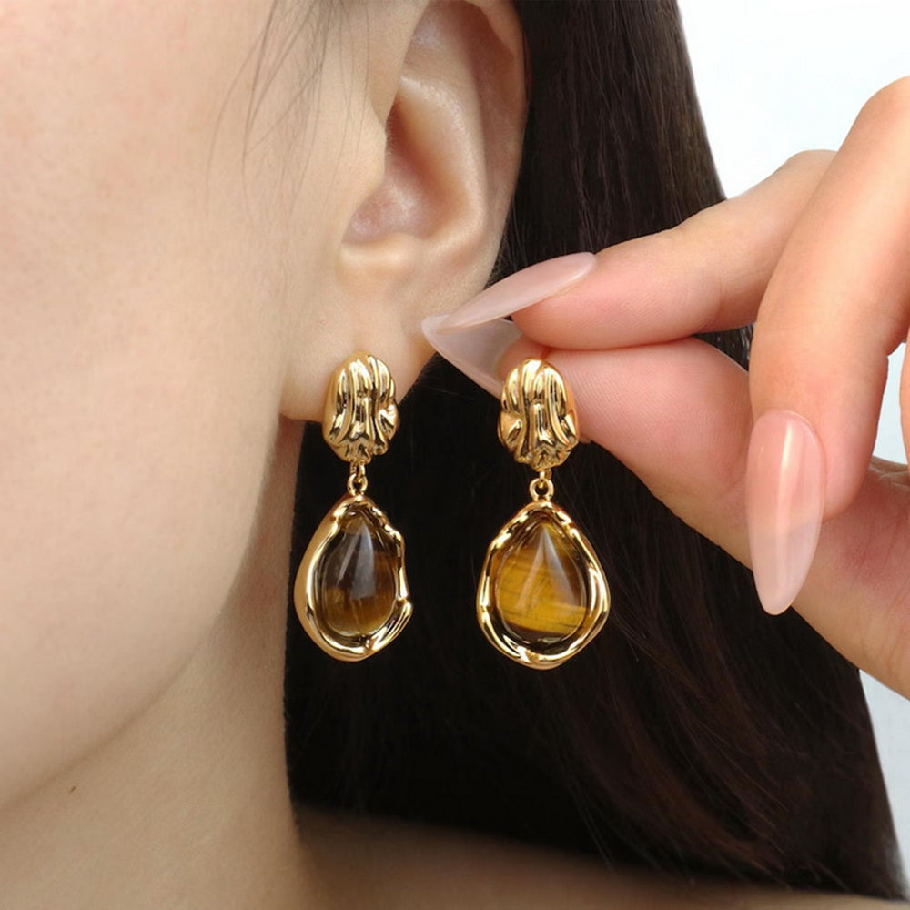 Water-drop tiger's eye stone brass gold-plated earrings