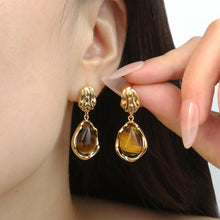 Load image into Gallery viewer, Water-drop tiger&#39;s eye stone brass gold-plated earrings