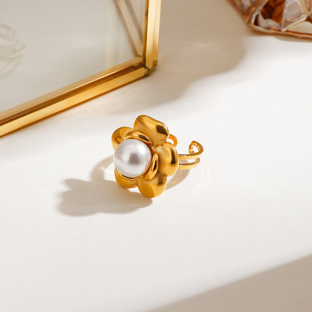 Stainless steel flower pearl open ring