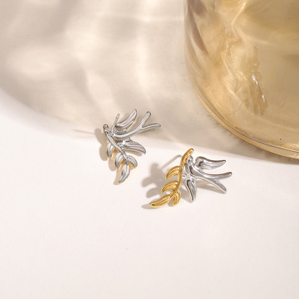 Stainless steel gold and silver color-matched dove leaf earrings