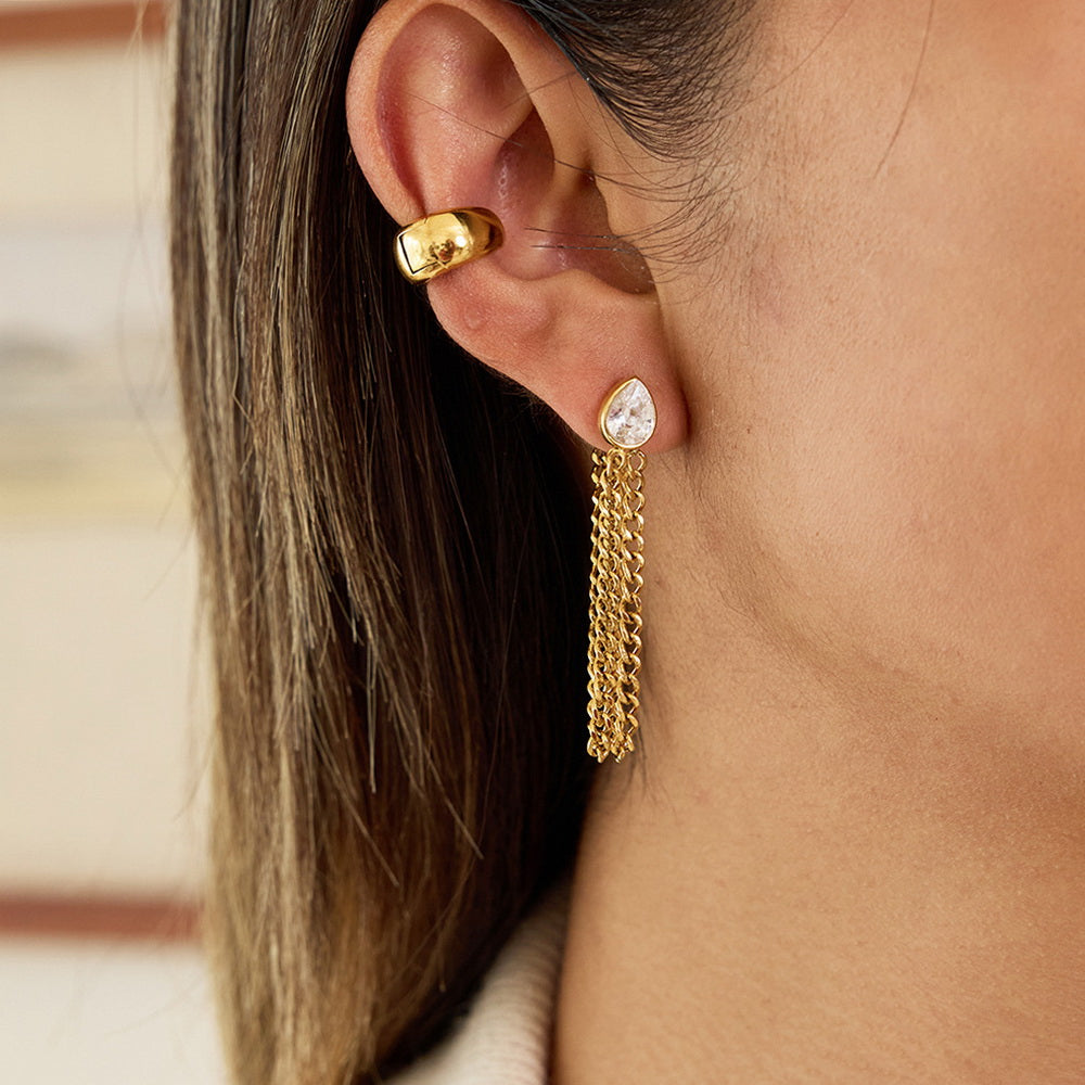Stainless steel zircon chain tassel earrings