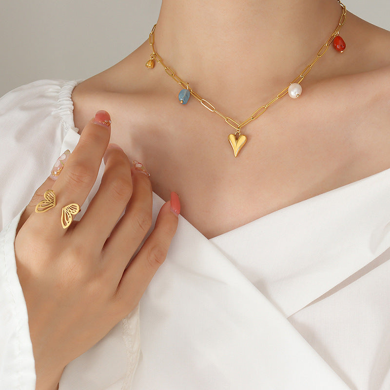Stainless steel heart-shaped freshwater pearl natural stone pendant necklace collarbone chain