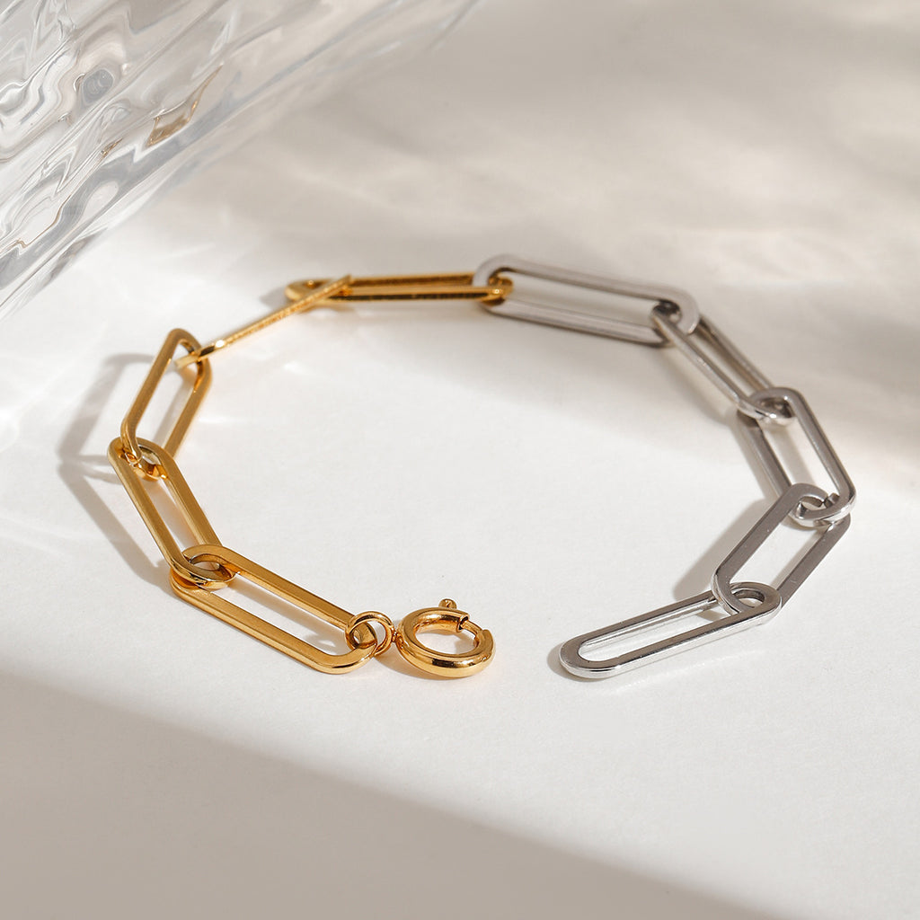 Stainless steel gold and silver color-matched paperclip chain bracelet