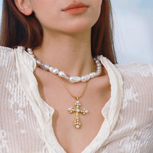 Load image into Gallery viewer, Stainless steel pearl style hollowed-out cross pendant necklace