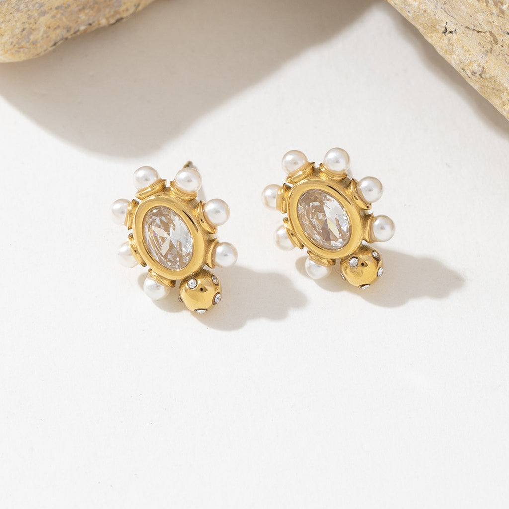 Golden stainless steel pearl earrings