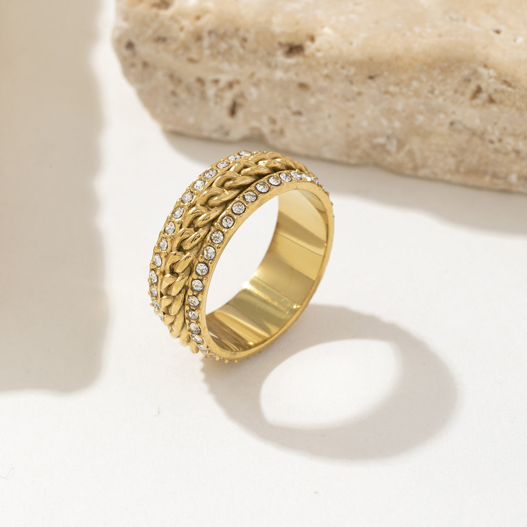 Stainless steel 18K gold double-layer zircon welded chain ring