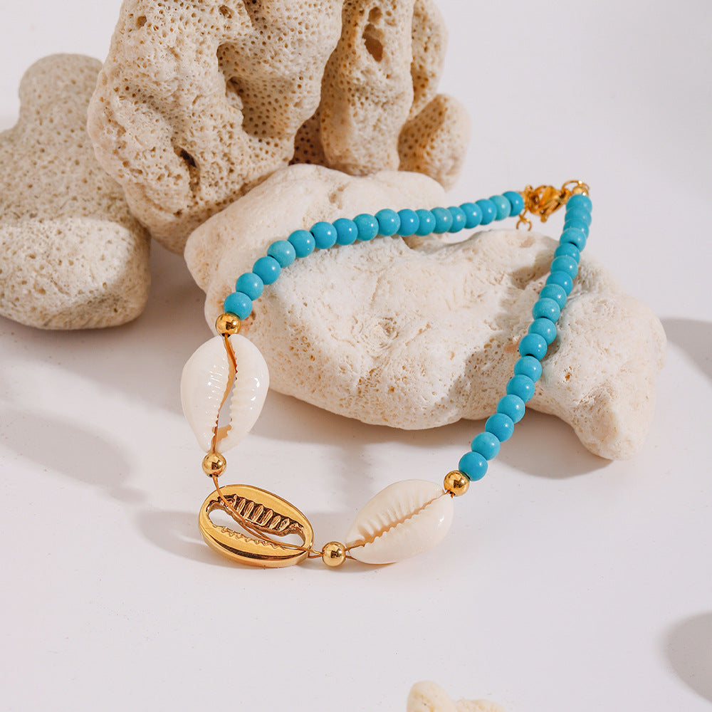 Stainless steel shell synthetic turquoise beaded anklets