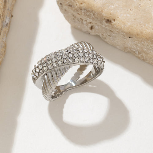 Stainless steel diamond-encrusted X-cross texture ring