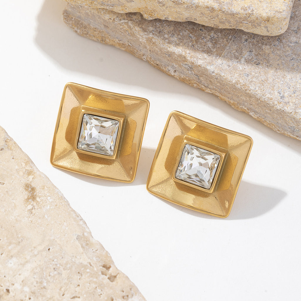 Stainless steel golden square zircon earrings
